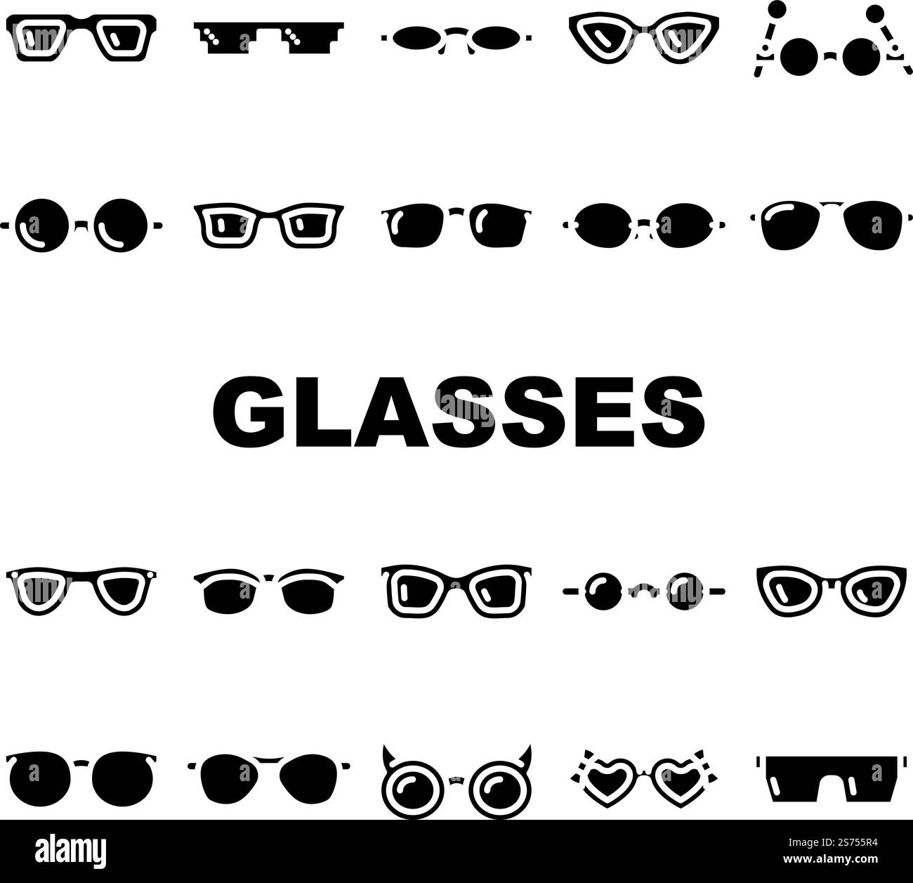 vecteur de jeu d'icônes de mode de cadre de lunettes. Noir vieux verre, style rétro, rond cool, vision moderne, lunettes de soleil lunettes de soleil lunettes de vue monture mode glyphe illustrations pictogramme. vecteur de jeu d'icônes de mode de cadre de lunettes Illustration de Vecteur