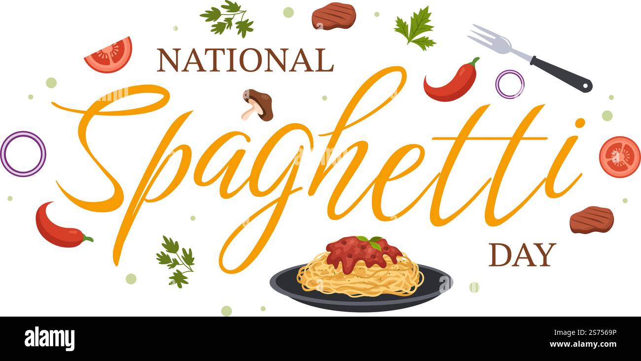 Journée nationale des spaghettis le 4th janvier avec une assiette de nouilles ou de pâtes italiennes différents plats en dessin à la main de dessin de dessin animé Illustration de Vecteur Journée nationale des spaghettis le 4th janvier avec une assiette de nouilles ou de pâtes italiennes différents plats en dessin à la main de dessin de dessin animé Illustration de Vecteur