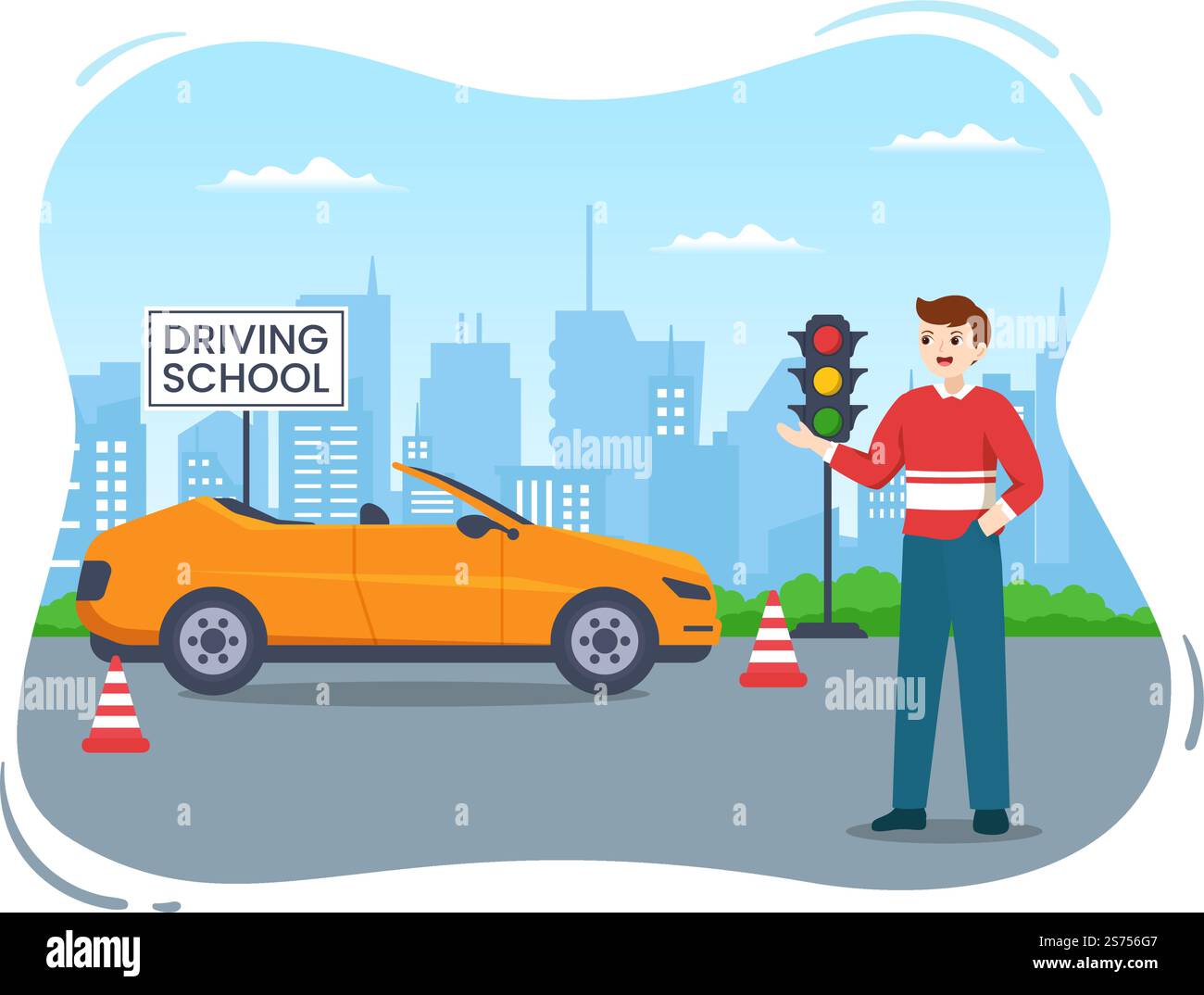 École de conduite avec le processus d'éducation de la formation de voiture et apprendre à conduire pour obtenir le permis de conduire dans le dessin animé de dessins à la main de dessin à plat Illustration Illustration de Vecteur