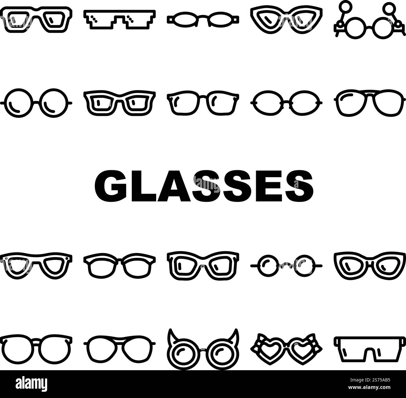 vecteur de jeu d'icônes de mode de cadre de lunettes. noir vieux verre, style rétro, rond cool, vision moderne, lunettes de soleil lunettes de soleil lunettes de vue monture mode noir contour illustrations. vecteur de jeu d'icônes de mode de cadre de lunettes Illustration de Vecteur