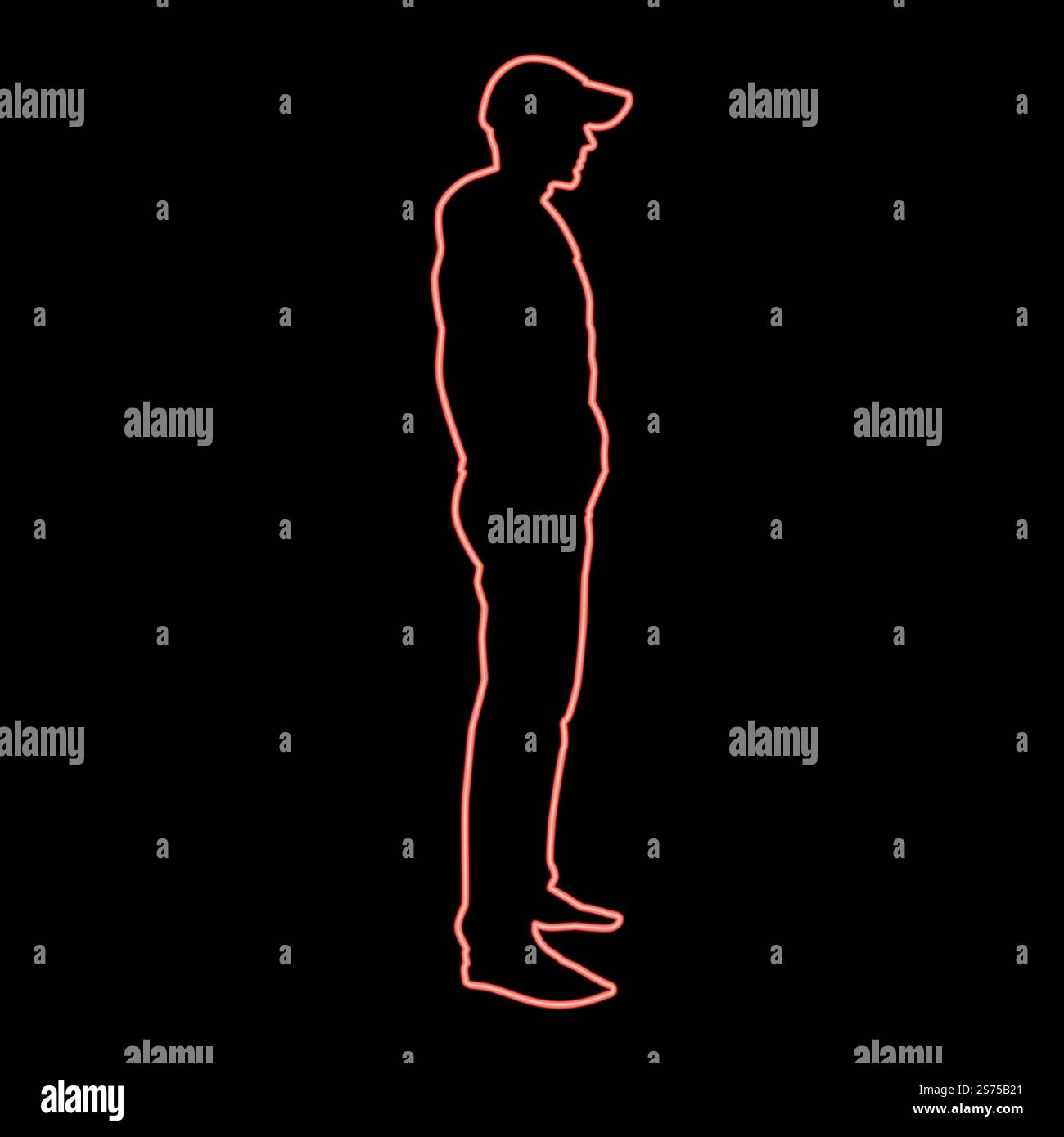 Homme au néon debout dans la vue du chapeau avec l'illustration vectorielle de couleur rouge latérale image plat style lumière. Homme au néon debout dans la vue de la casquette avec le côté rouge illustration vectorielle image style plat Illustration de Vecteur