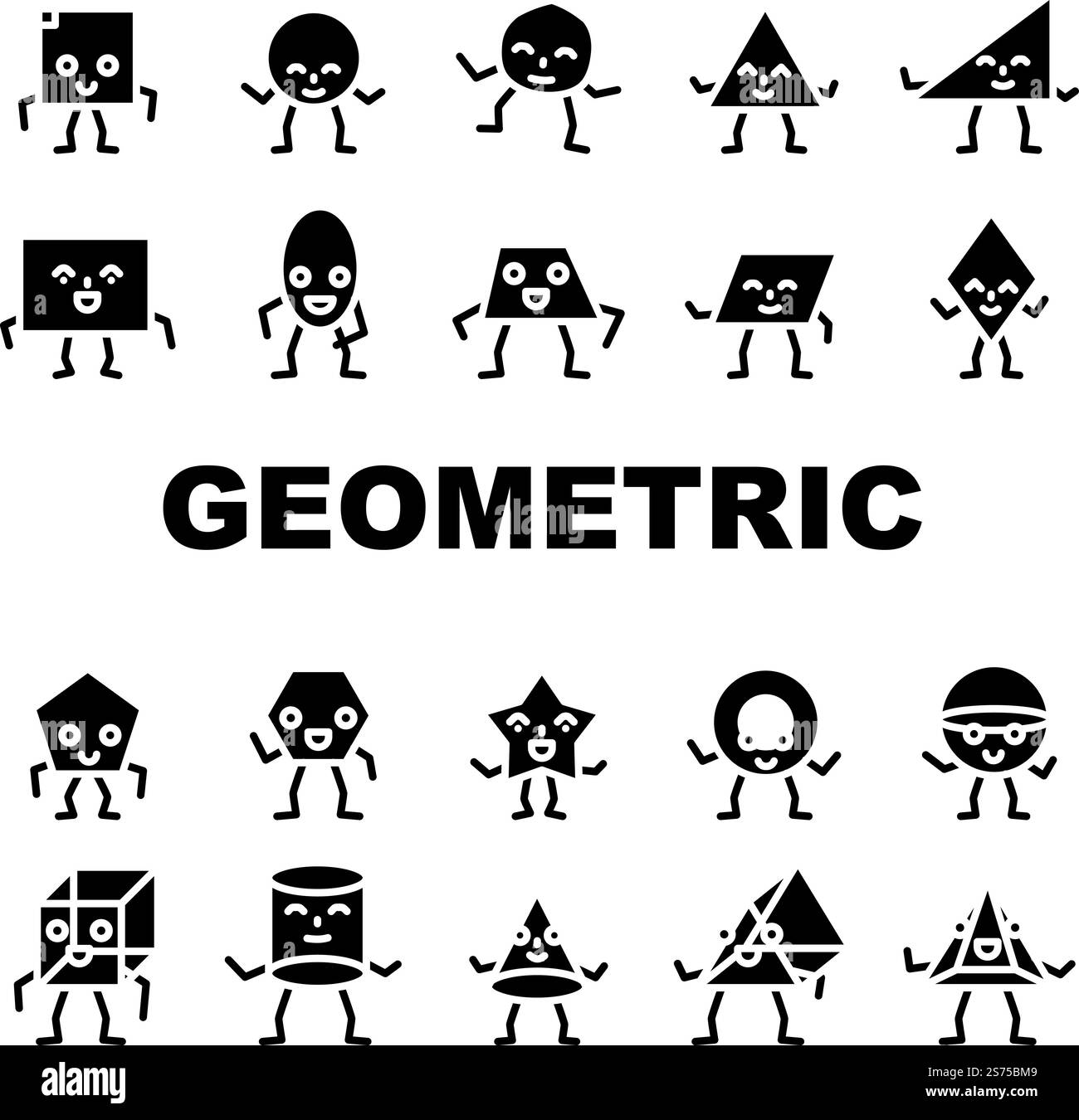 vecteur de jeu d'icônes drôles de forme géométrique. Graphique de visage, carré de conception, triangle de cercle, plat tendance, rectangle style étoile mignonne forme géométrique drôle illustrations de pictogramme de glyphe. vecteur de jeu d'icônes drôles de forme géométrique Illustration de Vecteur