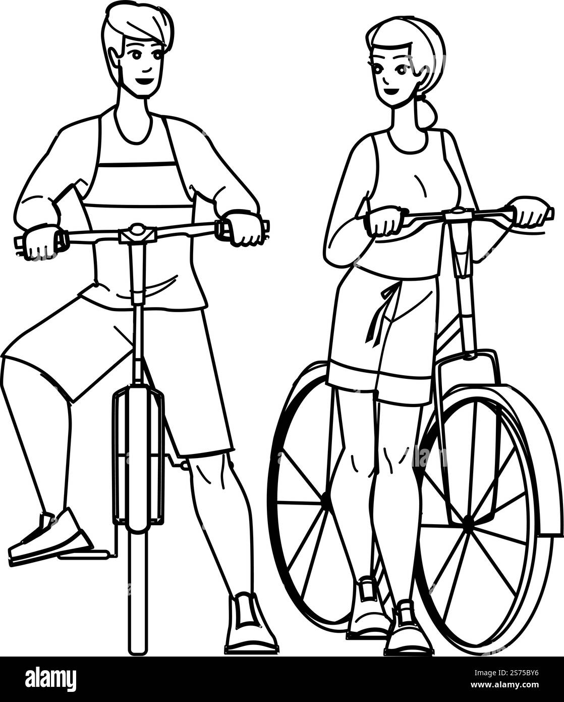 vecteur de dessin de crayon de ligne de vélo couple. femme homme de vélo, vélo d'été, style de vie actif, loisirs de conduite, adulte de sport, nature heureux, amusant couple en plein air caractère de vélo. Illustration de personnes. vecteur de vélo couple Illustration de Vecteur