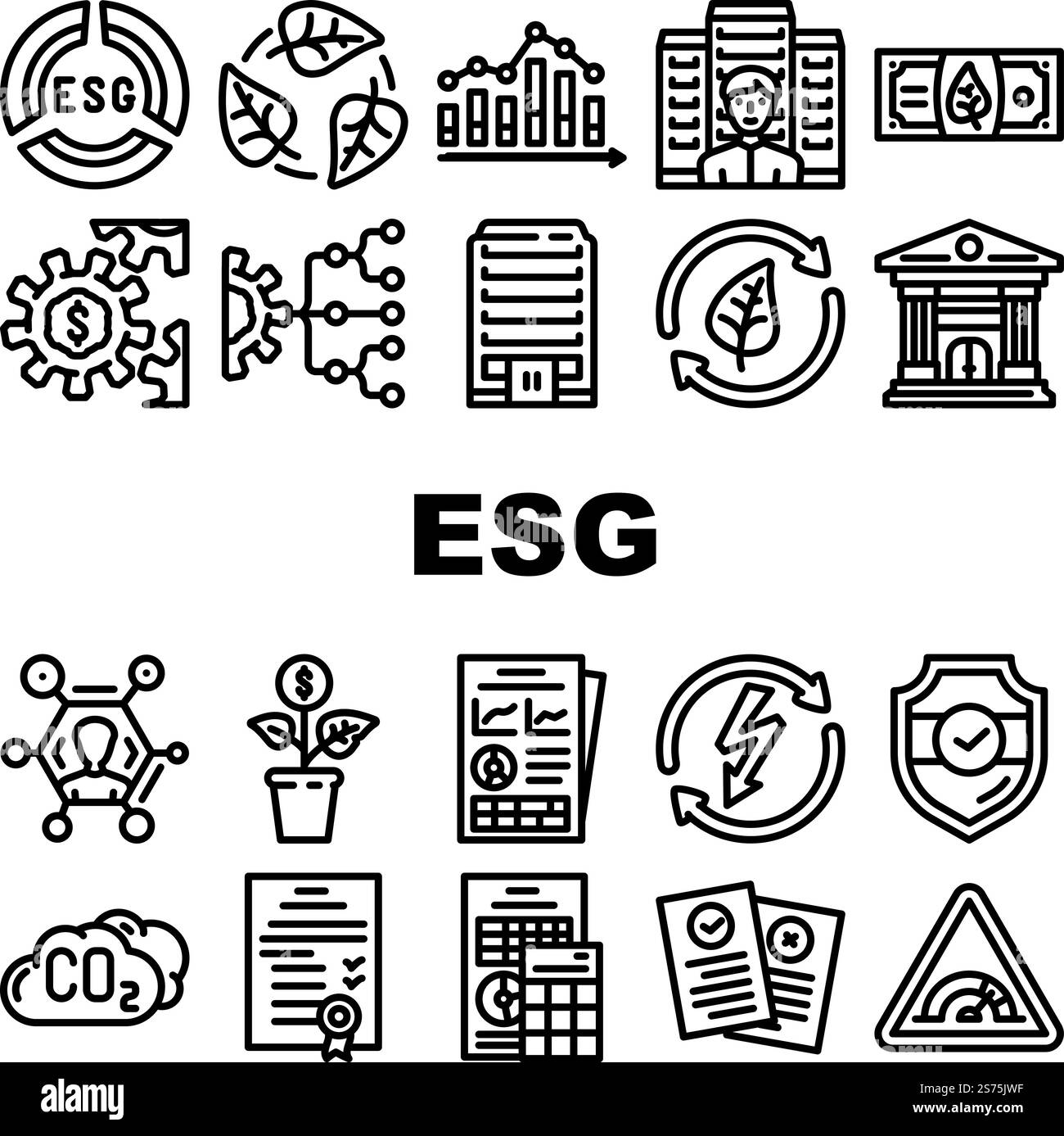 les icônes de gouvernance sociale environnementale définissent le vecteur. esg business, énergie sociale, éco vert, écologie de l'entreprise, investissement durable gouvernance sociale environnementale illustrations contour noir. les icônes de gouvernance sociale environnementale définissent le vecteur Illustration de Vecteur