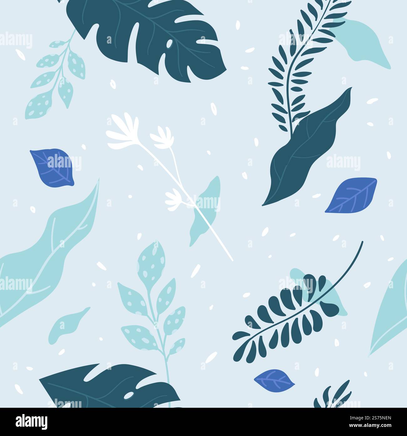 Feuillage et feuilles, ornement et décoration d'été ou de printemps. Rameaux et branches, feuilles et plantes à fleurs variété botanique. Motif sans couture, fond ou impression de papier peint. Vecteur dans le style plat. Nature et botanique plantes, feuillage et feuilles imprimés Illustration de Vecteur