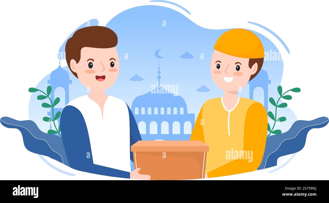 Les musulmans donnent des almes, Zakat ou Infaq Don à une personne qui en a besoin dans le dessin à plat de l'affiche de dessin à la main Illustration Illustration de Vecteur