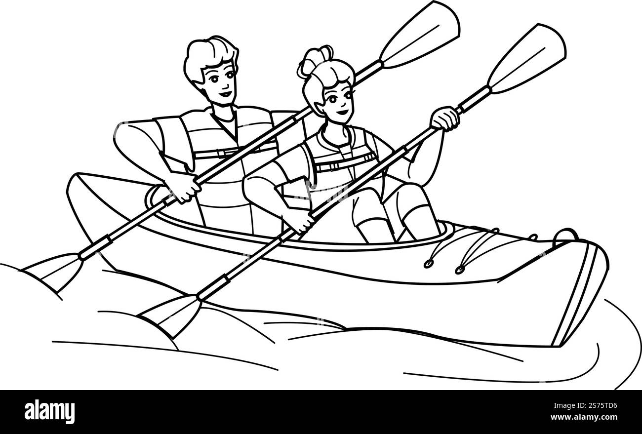 vecteur de dessin de crayon de ligne de kayak de couple. kayak eau, aventure estivale, activité jeune, loisirs sportifs, lac canoë, plaisir actif, canoë-kayak de mer, caractère de kayak de couple de vacances. Illustration de personnes. vecteur de kayak de couple Illustration de Vecteur