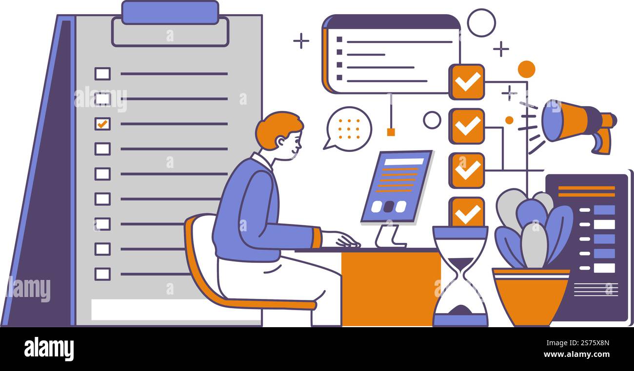 Employé travaillant sur le développement du projet. Homme assis par ordinateur résolvant des problèmes et des tâches, à faire la liste. Mégaphone et document avec les problèmes à résoudre. Les employés d'entreprise. Vecteur dans le style plat. Homme d'affaires travaillant sur le projet, patron ou directeur Illustration de Vecteur