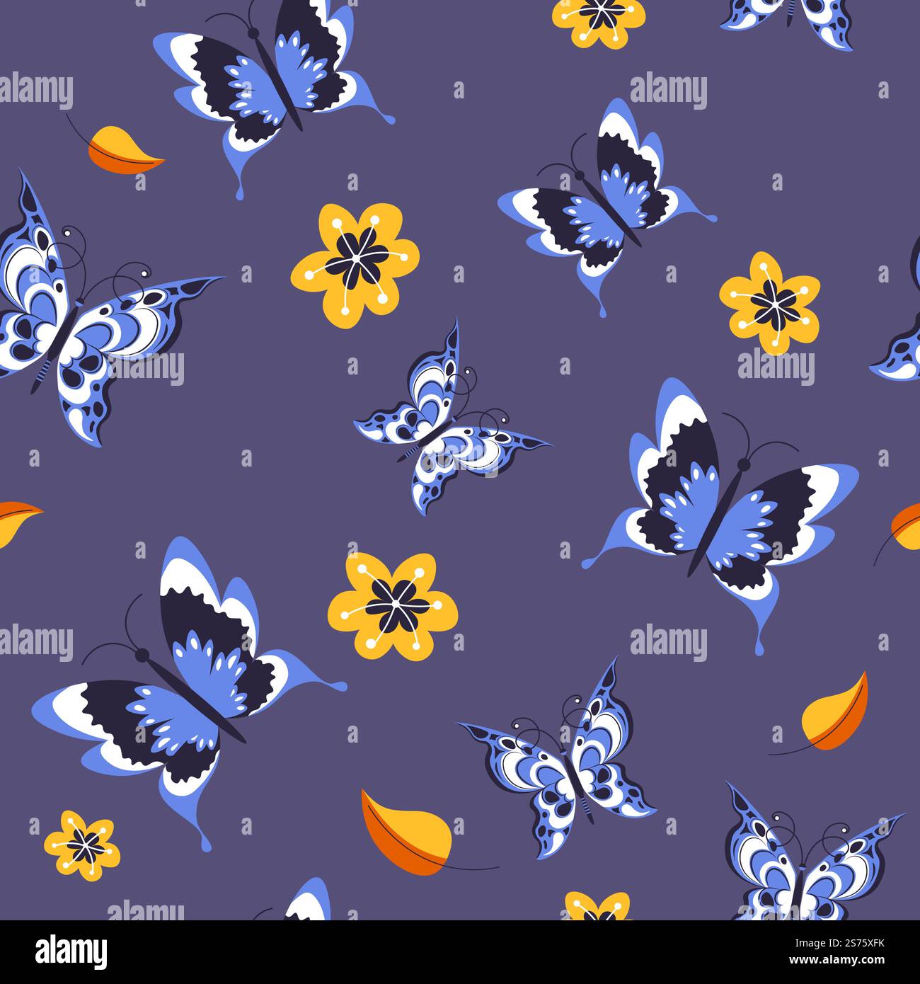 Feuilles sur les branches, papillons volants et bouquet de fleurs en fleurs. Ornement ou motif, flore et faune de la nature, variété des espèces. Modèle sans couture, fond ou impression. Vecteur dans le style plat. Papillons et fleurs, laisse un motif sans couture Illustration de Vecteur