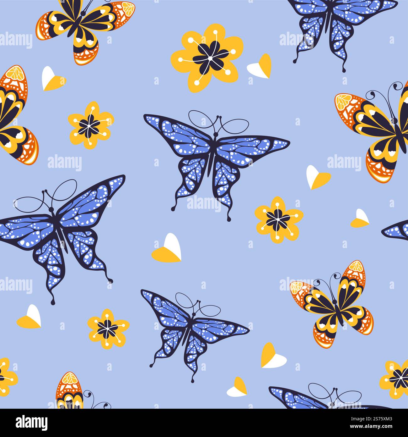 Fleurs en fleurs et papillons volants. Flore et faune, nature et nature sauvage, espèces et insectes aux plantes florissantes. Modèle sans couture, fond ou impression. Vecteur dans le style plat. Papillons volants et fleurs en fleurs Illustration de Vecteur