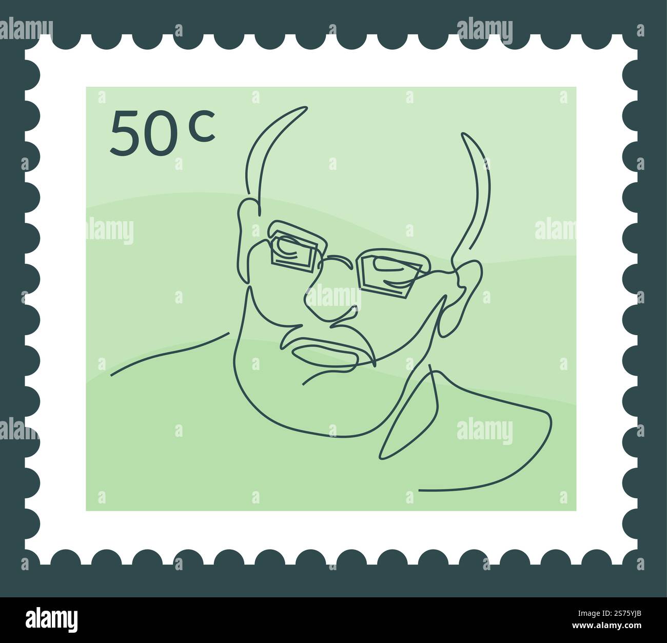 TAD sur carte postale avec prix et portrait de personne célèbre portant des lunettes. Personnage masculin. Marque postale ou chariot, timbre pour la communication de lettre et la correspondance. Vecteur dans le style plat. Portrait d'homme en trait de lunettes, TAD Illustration de Vecteur