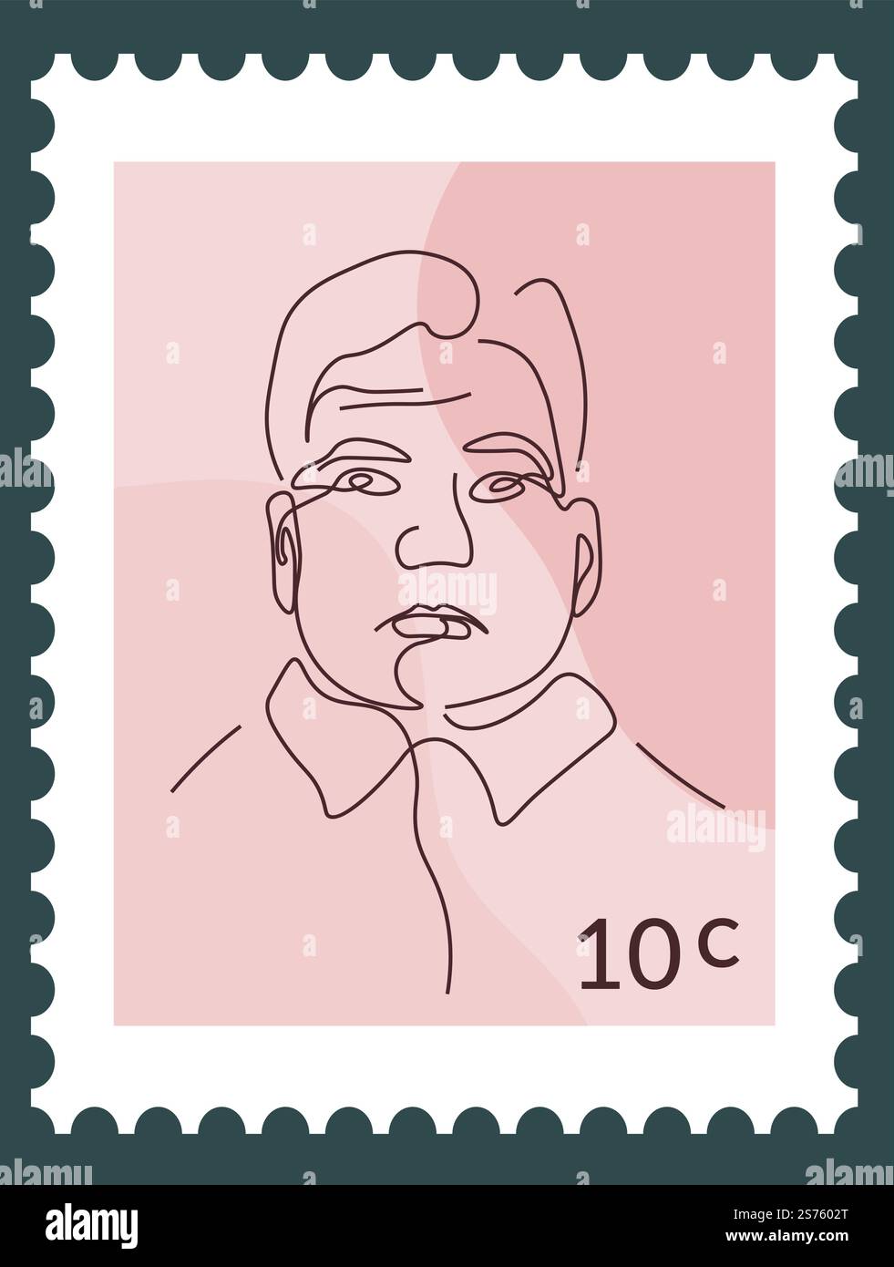 Carte postale ou TAD avec prix, portrait de personne célèbre. Personnage masculin représenté en ligne multipliée Marque postale ou chariot, timbre pour la communication de lettre et la correspondance. Vecteur dans le style plat. Portrait de personnage d'homme sur TAD ou carte postale Illustration de Vecteur