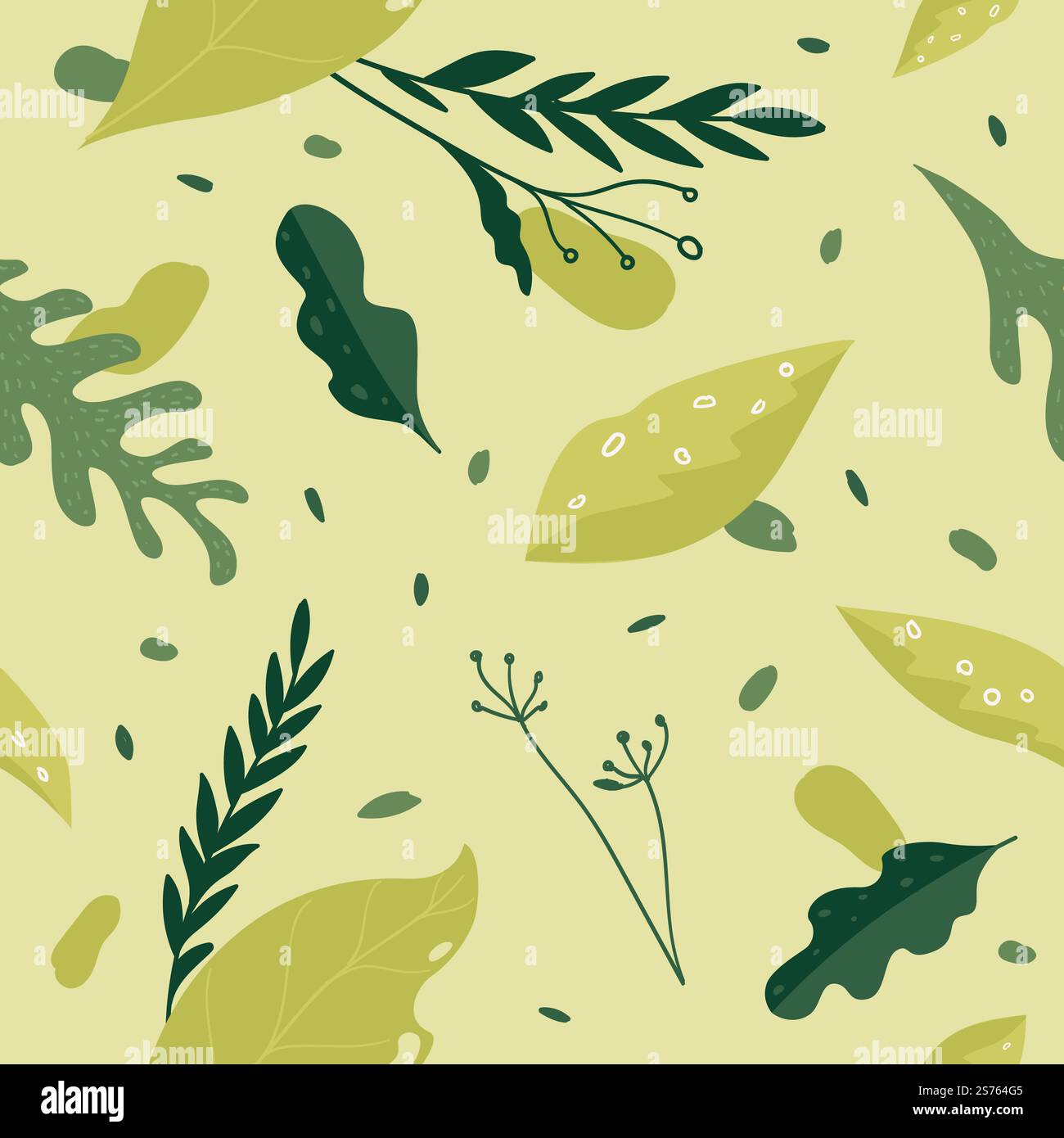 Feuillage et feuilles, ornement et décoration d'été ou de printemps. Rameaux et branches, feuilles et plantes à fleurs variété botanique. Motif sans couture, fond ou impression de papier peint. Vecteur dans le style plat. Nature et botanique plantes, feuillage et feuilles imprimés Illustration de Vecteur