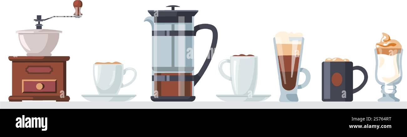 Équipement et outils pour faire du café. Moulin isolé pour les haricots, filtre pour infuser des boissons savoureuses. Tasses avec espresso ou latte, cappuccino ou frappe avec mousse de lait sur le dessus. Vecteur dans le style plat. Moulin à café et filtre, tasse de boisson savoureuse Illustration de Vecteur