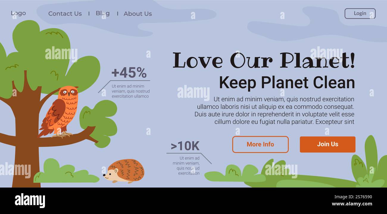 Sensibilisation à l'environnement et aide à la nature. Aimez notre planète, gardez-la propre. Informations sur la flore et la faune, les espèces et les plantes. Modèle de page de destination de site Web, site Internet. Vecteur dans le style plat. Aimez notre planète, gardez-la propre, page de site Web Illustration de Vecteur