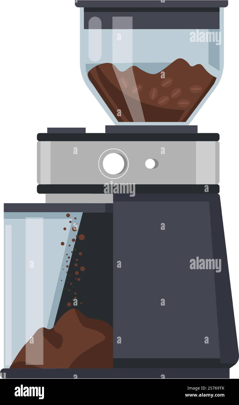 Préparation du café, machine à moudre. Appareils et équipements électriques isolés pour la maison. Faire des boissons dans un café ou un restaurant. Transformer les haricots en poudre pour le brassage. Vecteur dans le style plat. Moulin à café, machine pour faire vecteur de boisson Illustration de Vecteur