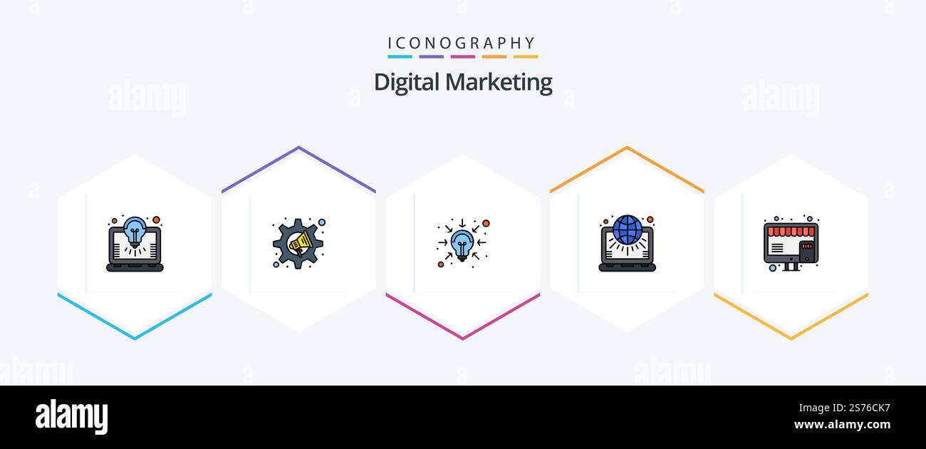 Digital Marketing 25 FilledLine Icon pack comprenant l'achat. monde. entreprise. paramètres. globe Illustration de Vecteur