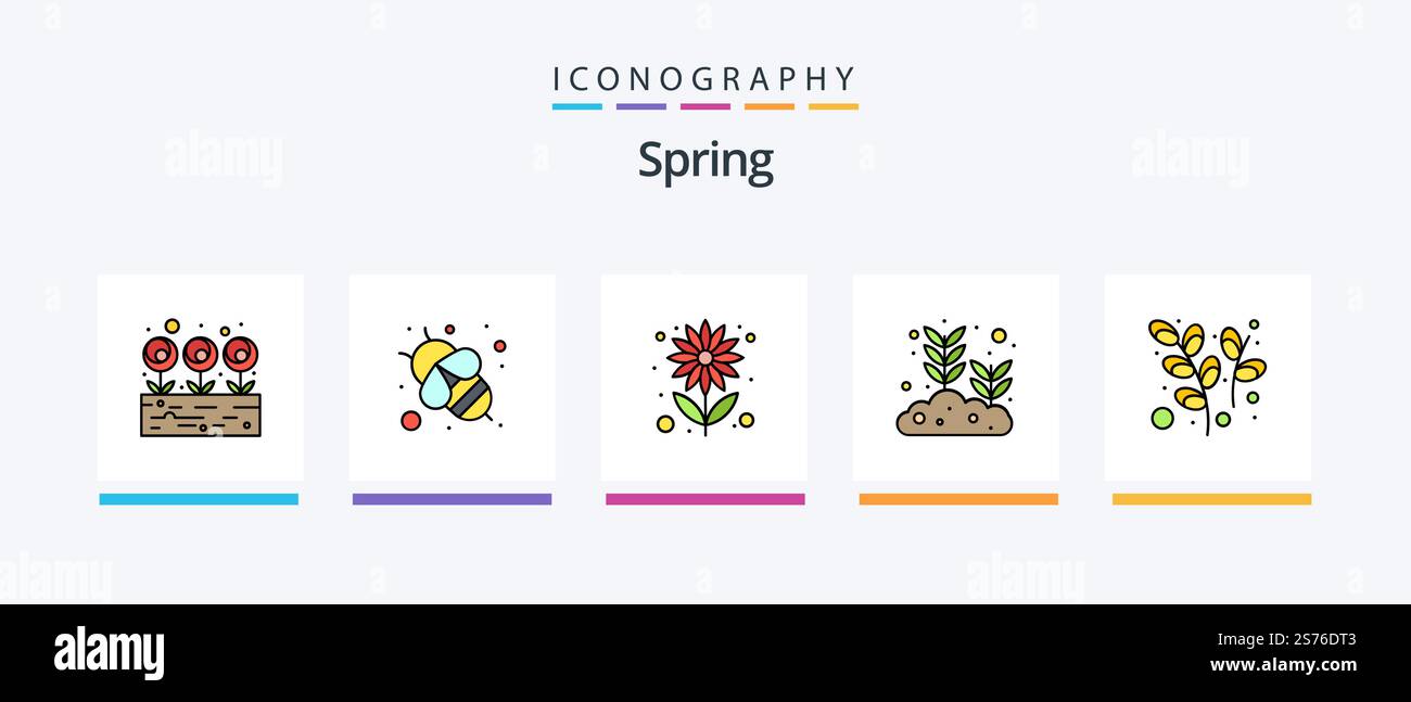 Pack de 5 icônes rempli de Spring Line avec caniche. nature. oiseau. tulipe. fleur. Création d'icônes créatives Illustration de Vecteur