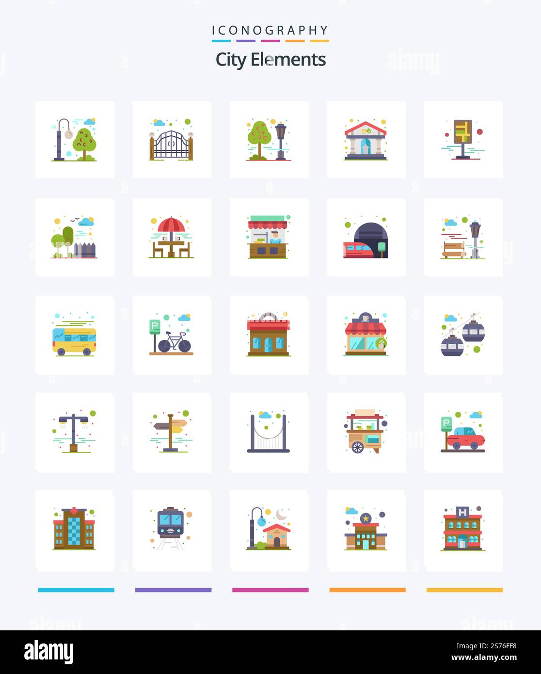 Pack d'icônes Creative City Elements 25 Flat, telles que destination. bâtiment. arbre. théâtre. lecture Illustration de Vecteur