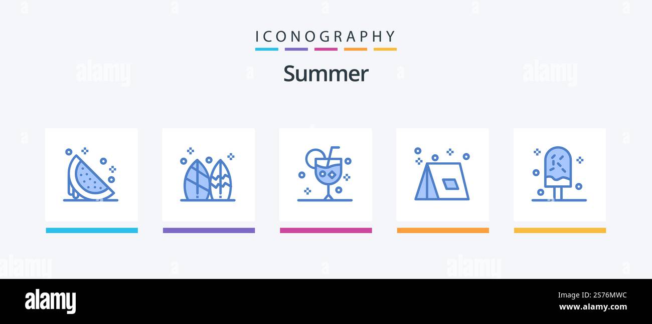 Pack icône bleu été 5 comprenant l'été. camp. surf. boisson glacée. Création d'icônes créatives Illustration de Vecteur