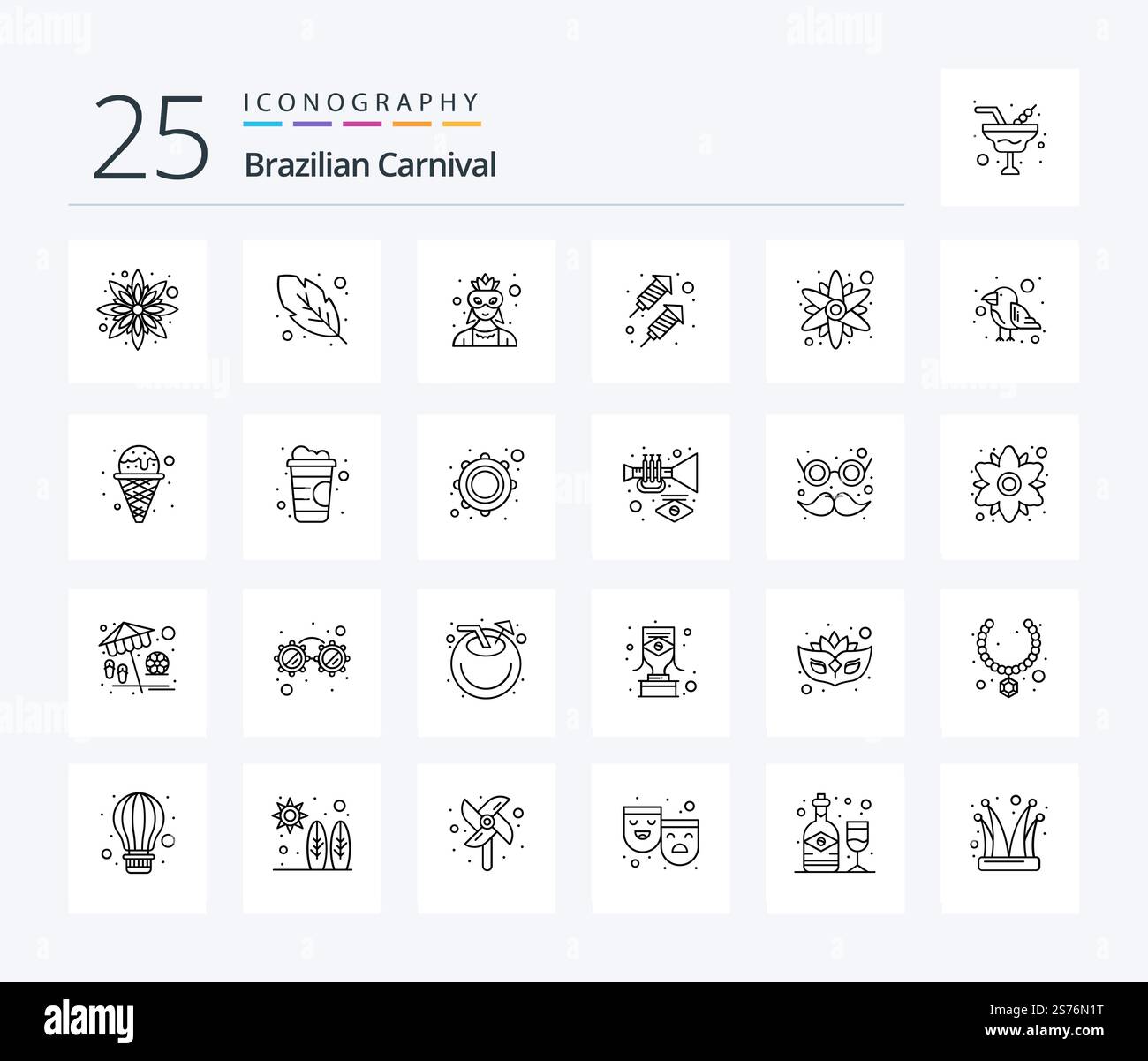 Pack icône 25 lignes du Carnaval brésilien avec perroquet. fleur de soleil. caractère. fleur. incendie Illustration de Vecteur