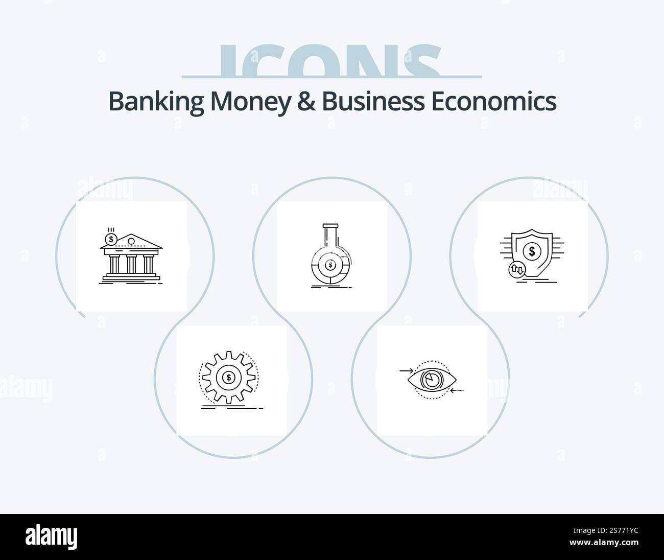 Banque d'argent et Business Economics Line Icon Pack 5 Icon Design. marché. finances. argent. circulation. création Illustration de Vecteur
