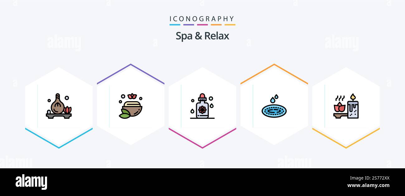 Spa et détente 25 pack d'icônes FilledLine avec détente. aromathérapie. compte-gouttes. spa. eau Illustration de Vecteur