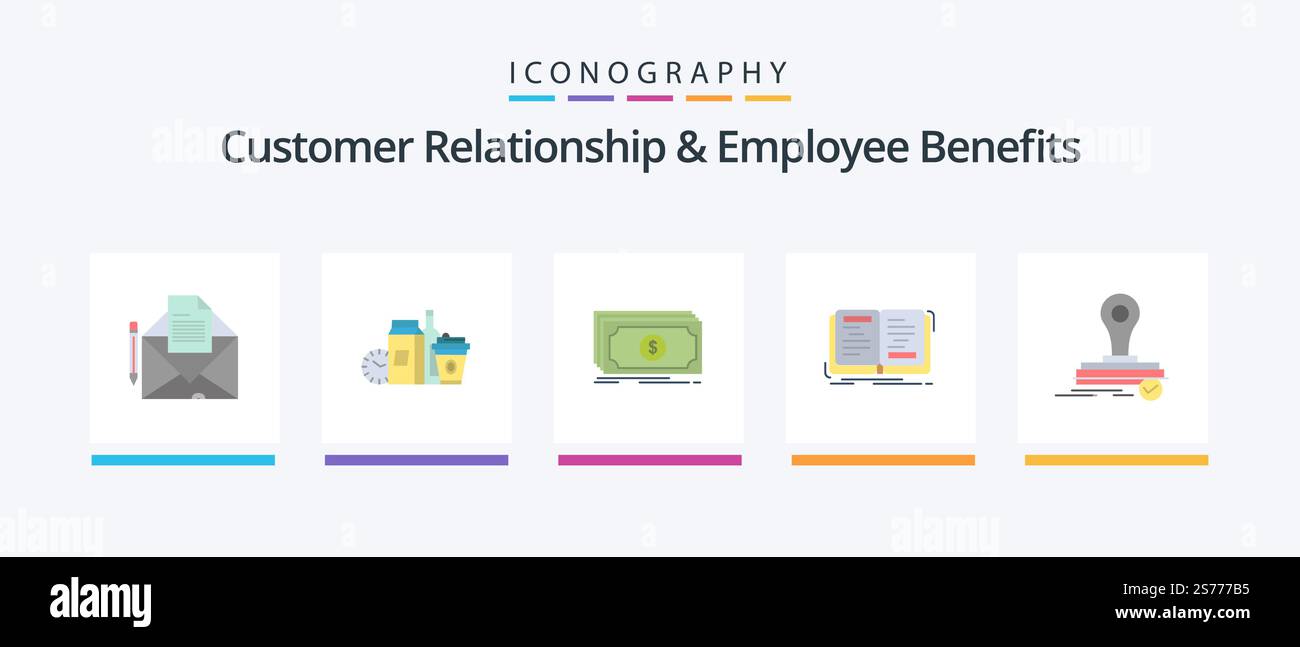 Relation client et avantages pour les employés Pack d'icônes FLAT 5 comprenant la théorie. histoire. café. roman. dollar. Création d'icônes créatives Illustration de Vecteur