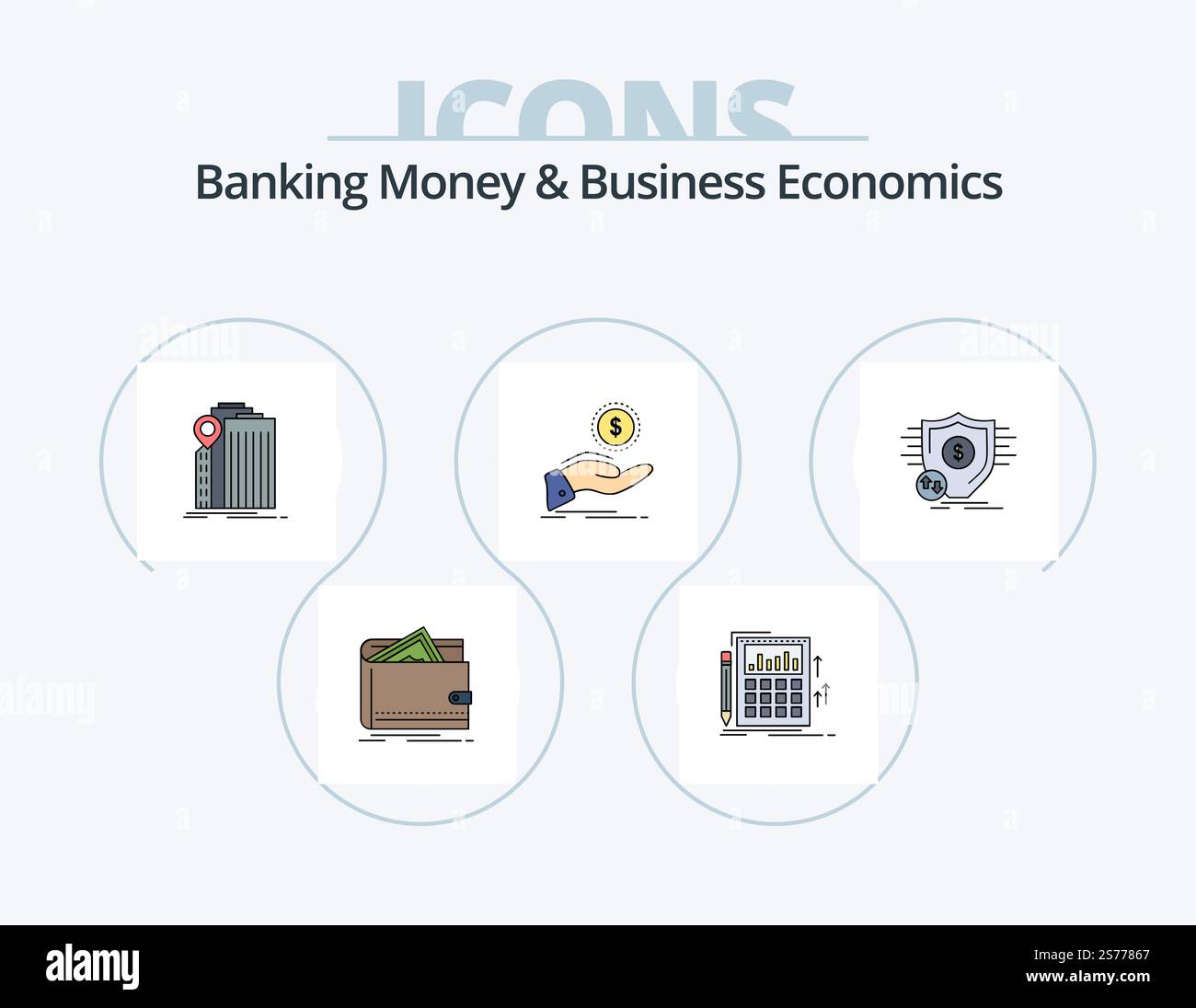 Banque d'argent et Business Economics Line rempli Icon Pack 5 Icon Design. finances. espèces. remboursement. argent. débit Illustration de Vecteur