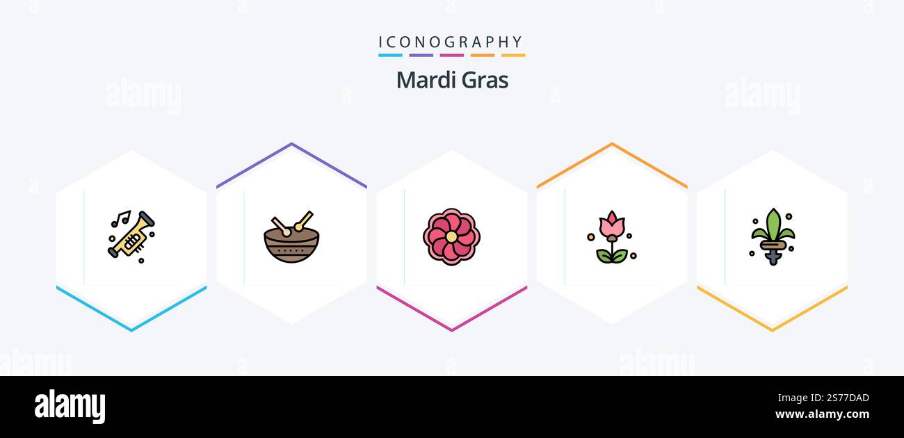 Pack d'icônes FilledLine 25 de Mardi gras avec arme. jeu. parade. présent. bouquet Illustration de Vecteur