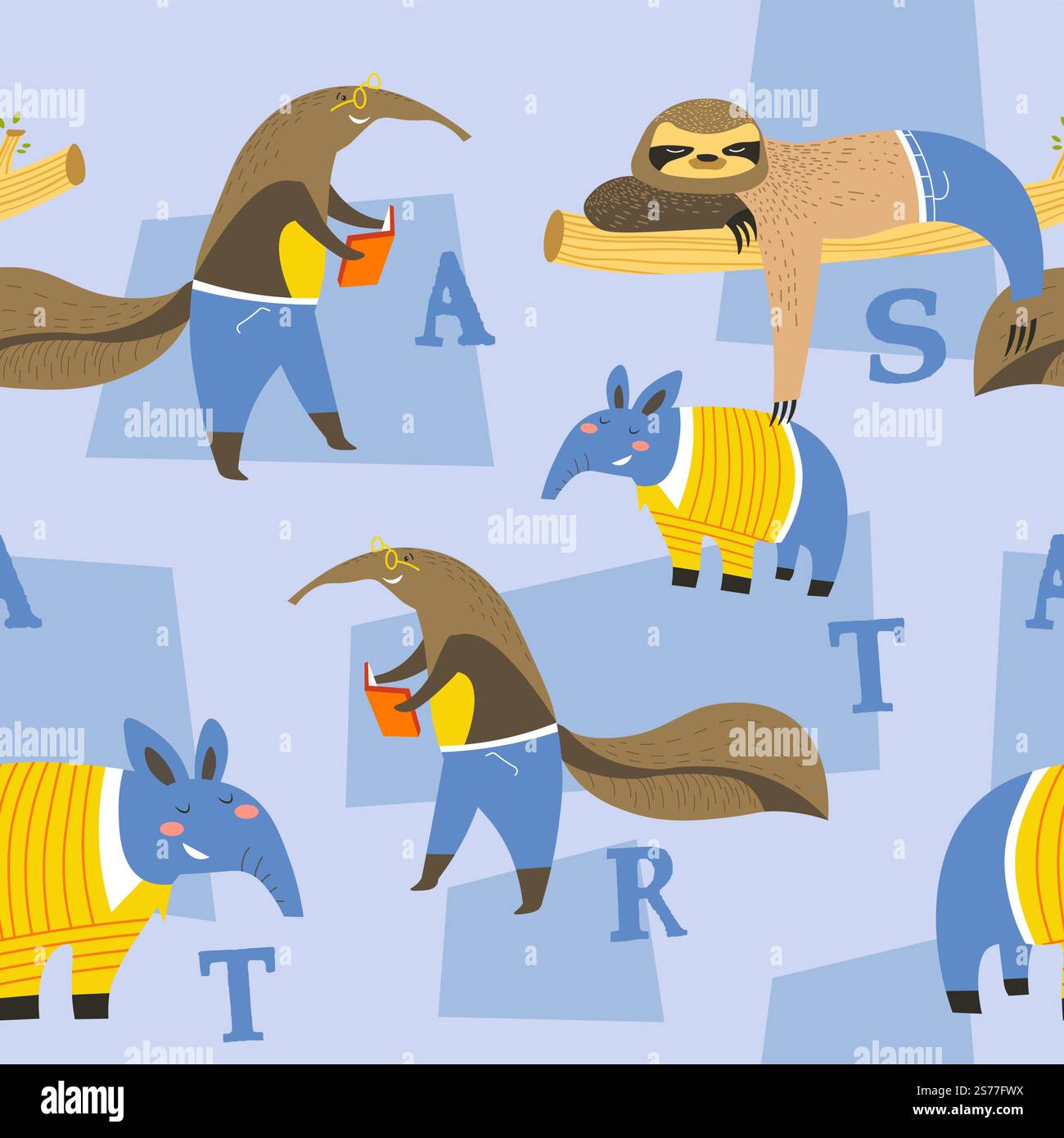 Lettres et personnages portrait, alphabet animal, abc pour l'apprentissage des enfants. Enseigner aux enfants à l'école primaire, à l'éducation préscolaire et à l'acquisition de connaissances. Modèle sans couture, vecteur d'impression de fond. Alphabet animal, lettres et personnages portraits Illustration de Vecteur