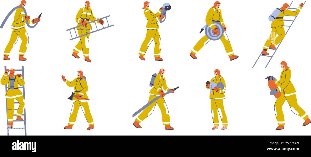 Pompiers portant des costumes de protection, pompiers isolés avec des extincteurs et des échelles. Travailleurs des services d'urgence, équipe ou brigade aidant à éteindre le feu et les flammes. Vecteur dans le style plat. Pompiers au travail, les gens portant des costumes vecteur Illustration de Vecteur
