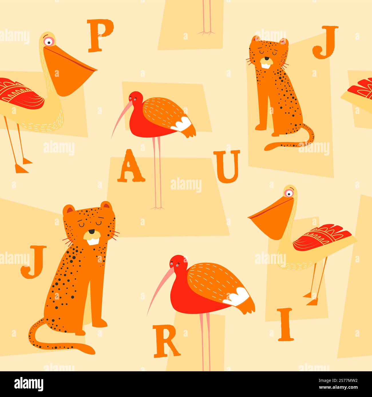 Apprendre des lettres avec des personnages, des personnages animaux portrait avec ABC. Espèces tropicales et exotiques, guépard et oiseau pélican. Motif sans couture, papier peint ou impression de fond. Vecteur dans le style plat. Alphabet animal, lettres d'apprentissage avec des personnages Illustration de Vecteur