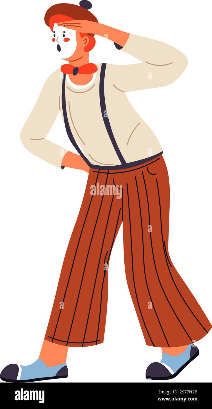 Exécution de pantomimiste avec maquillage visage et costume pour le spectacle. Pièce théâtrale isolée et jeu d'acteurs professionnels. MIME portant berret montrant des expressions faisant plaisir. Vecteur dans le style plat. Artiste MIME, interprètes de personnages pantomimistes Illustration de Vecteur