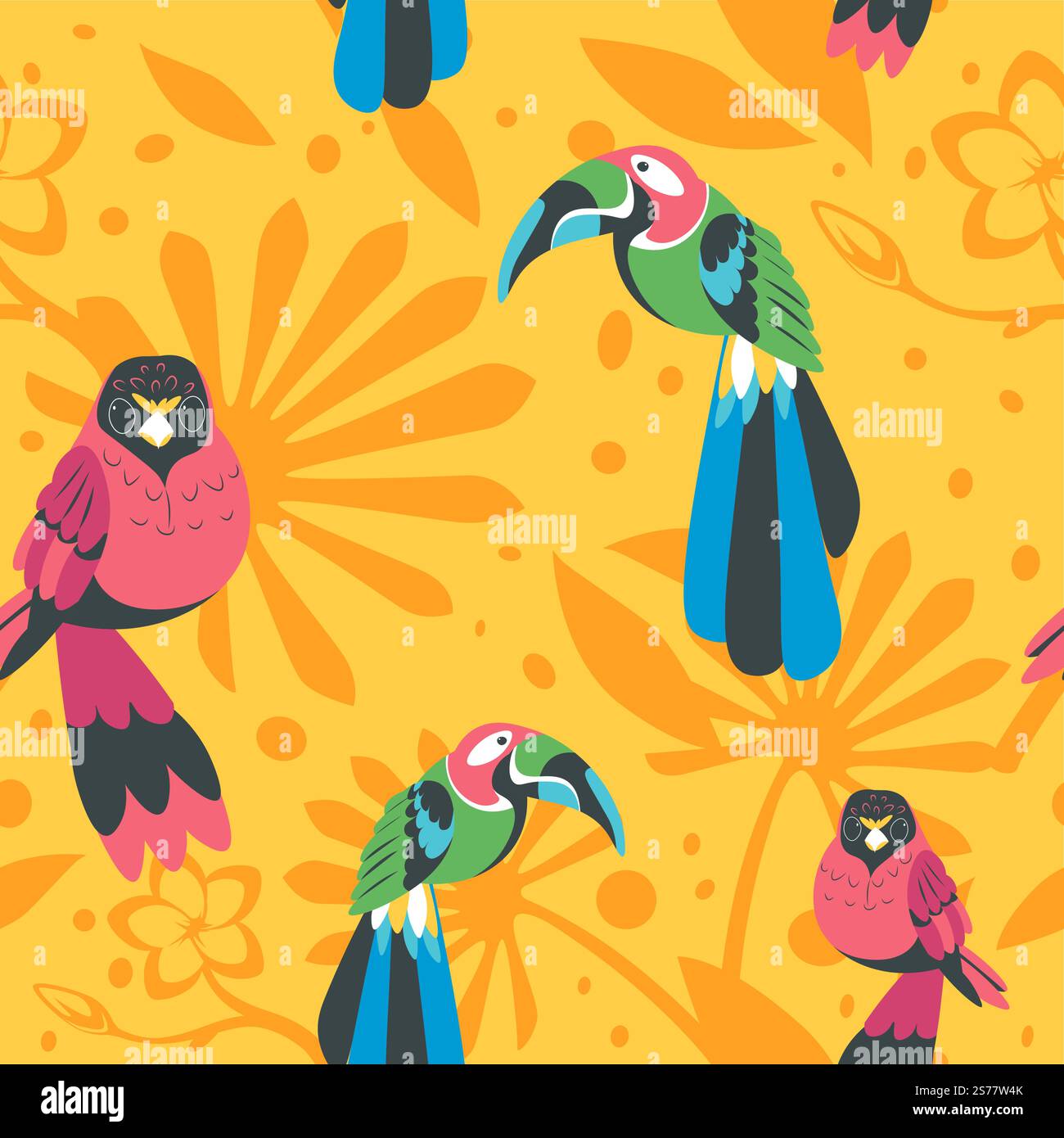Perroquets avec bec courbé et plumage coloré et plumage. Feuillage tropical et exotique et fleurs en fleur, feuillage. Motif sans couture, fond d'écran ou impression. Vecteur dans le style plat. Feuillage de fleurs tropicales et imprimé perroquets sans couture Illustration de Vecteur