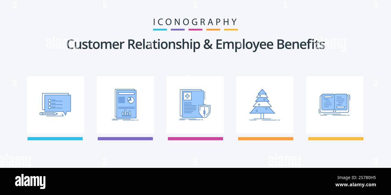 Relation client et avantages pour les employés Blue 5 Icon Pack comprenant le livre. noël. document. forêt. santé. Création d'icônes créatives Illustration de Vecteur