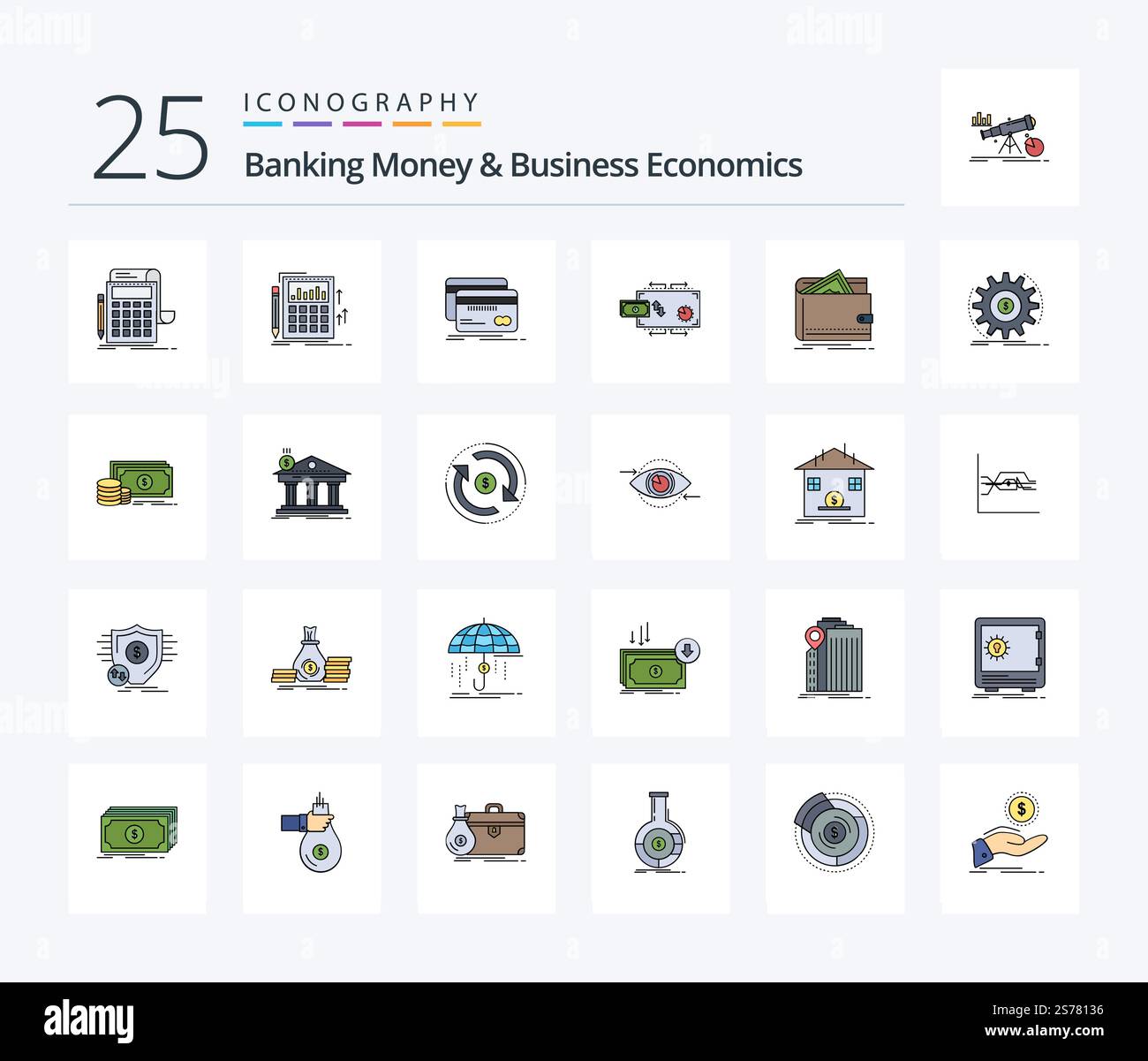 Banque d'argent et économie d'entreprise 25 Pack icône rempli de ligne comprenant l'argent. espèces. débit. paiements. marketing Illustration de Vecteur