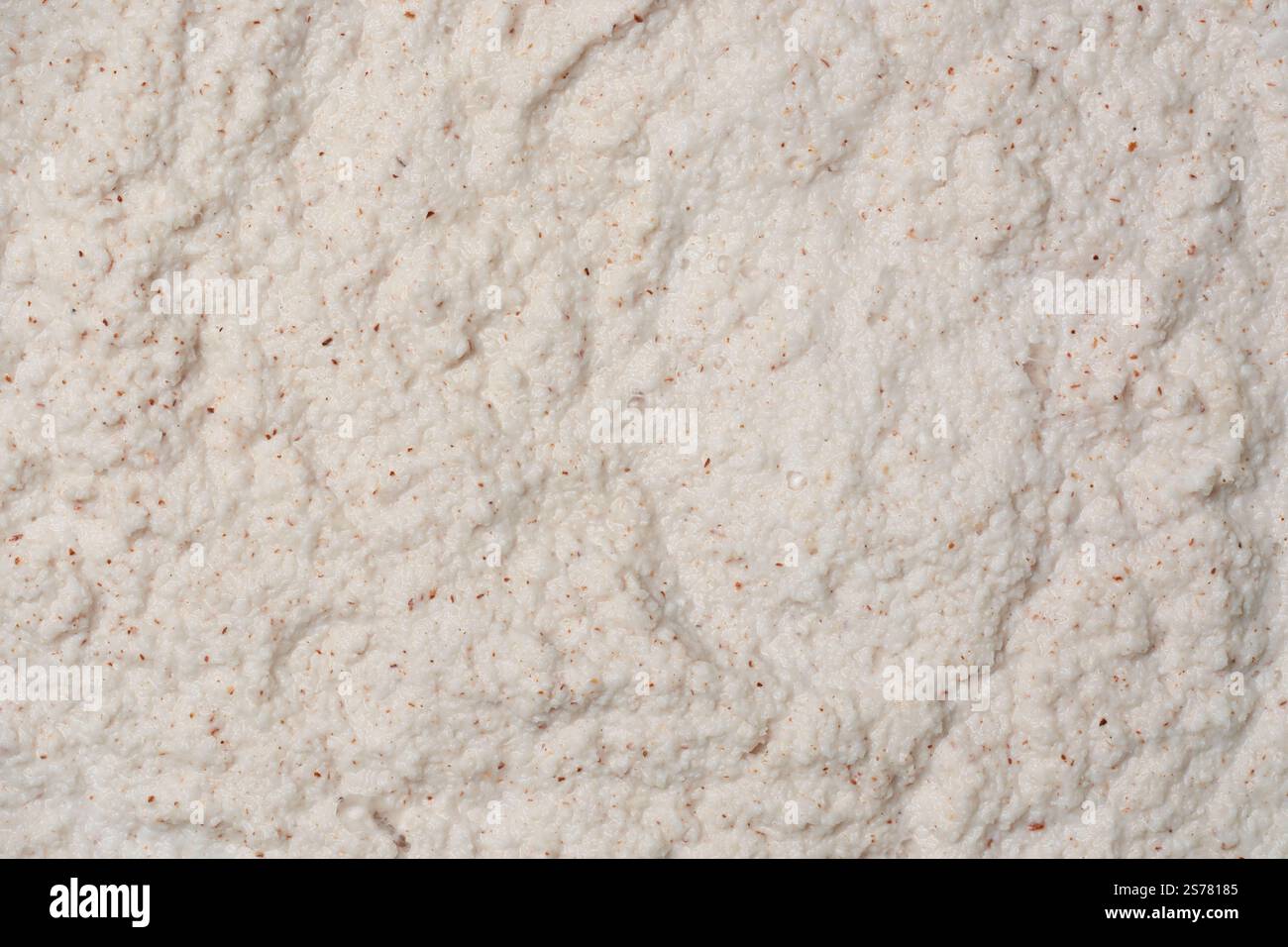 gros plan de flocons de noix de coco finement moulus pour extraire le lait de noix de coco dans un fond alimentaire plein cadre, liquide crémeux savoureux largement utilisé en cuisine Banque D'Images