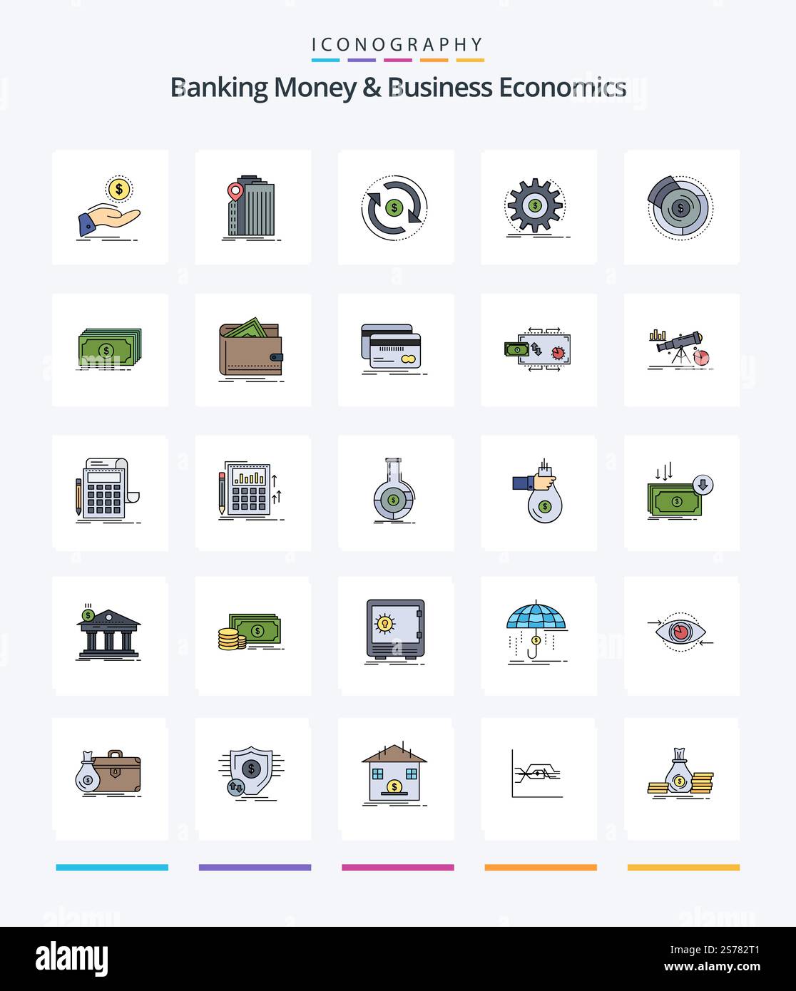 Creative Banking Money and Business Economics 25 Pack d'icônes remplies de ligne, comme le revenu. finances. fédéral. argent. débit Illustration de Vecteur