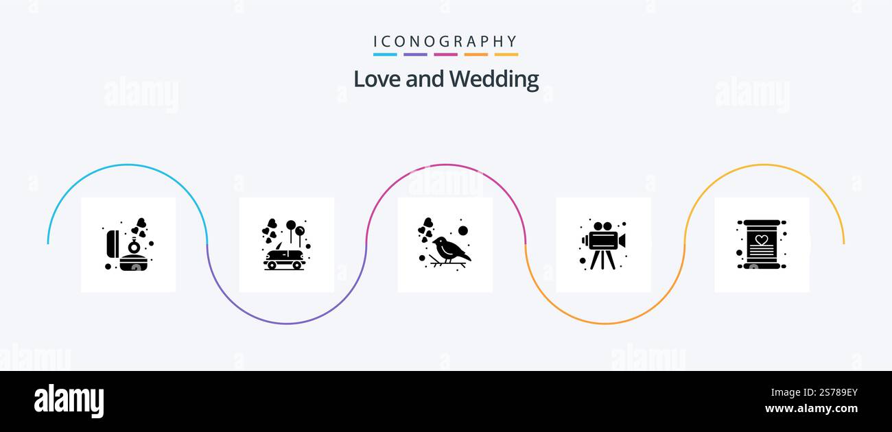 Pack d'icônes Glyph 5 de mariage avec invitation. caméra vidéo. voiture de mariage. vidéo. amour Illustration de Vecteur