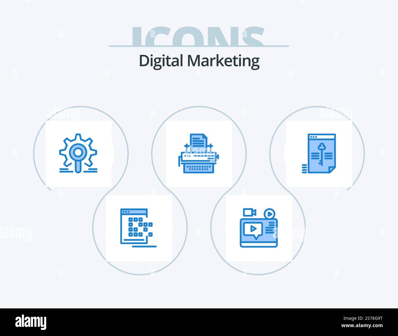 Digital Marketing Blue Icon Pack 5 Icon Design. type. machine à écrire. youtube. configuration. rechercher Illustration de Vecteur