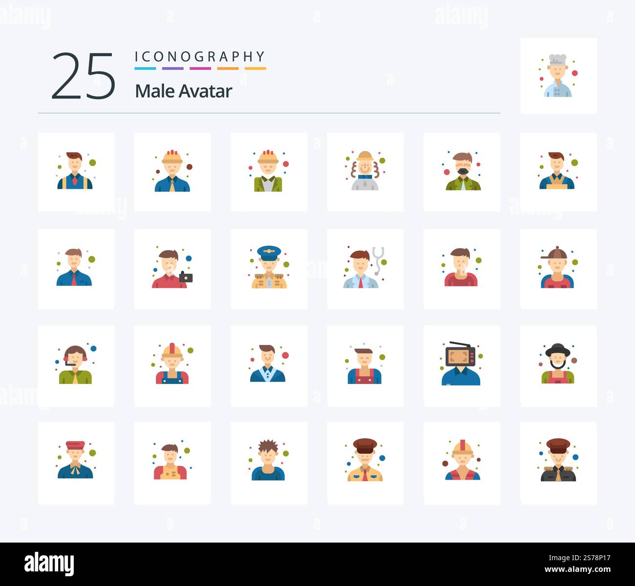 Pack d'icônes couleur plat Avatar 25 pour homme avec maître. chapeau. ingénieur. homme. arlequin Illustration de Vecteur