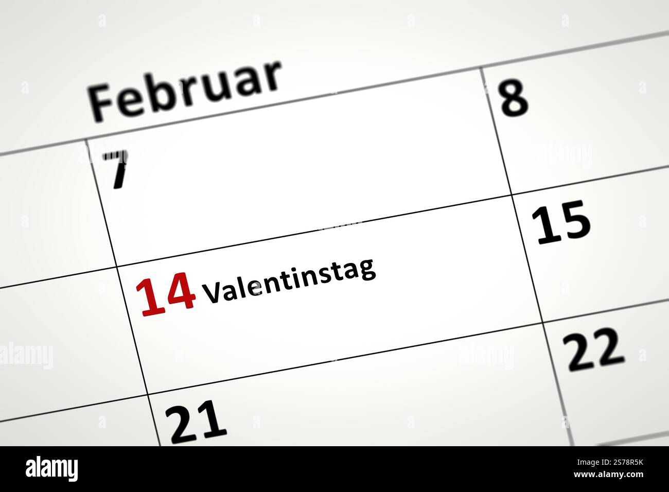 L'image d'un calendrier détail montre le 14 février Saint Valentin en langue allemande Banque D'Images