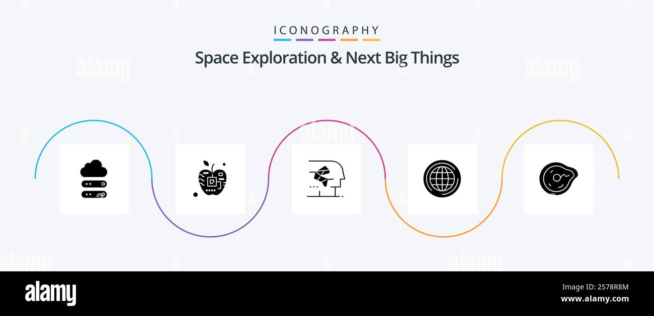 Space exploration and Next Big Things Glyph 5 Icon Pack comprenant Think. globe. électronique. monde. humain Illustration de Vecteur