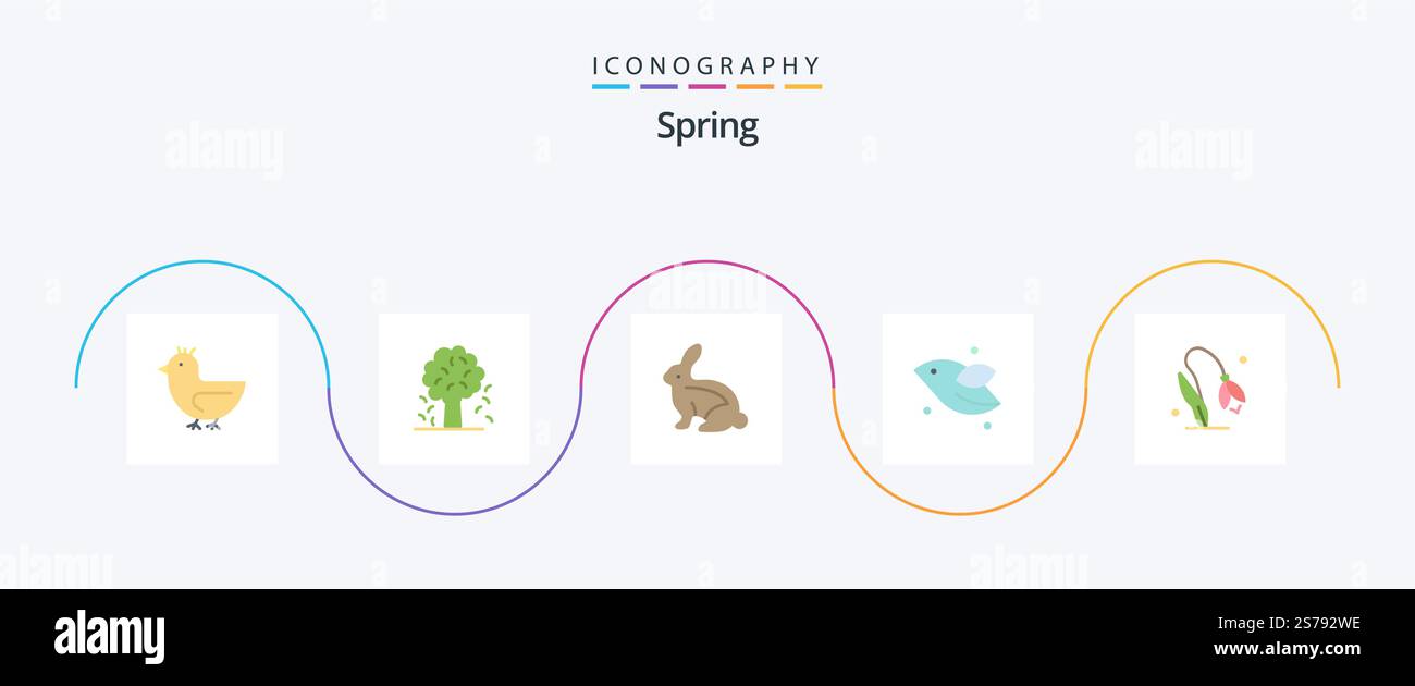Pack icône Spring Flat 5 avec fleur. voler. ressort. oiseau. lapin Illustration de Vecteur