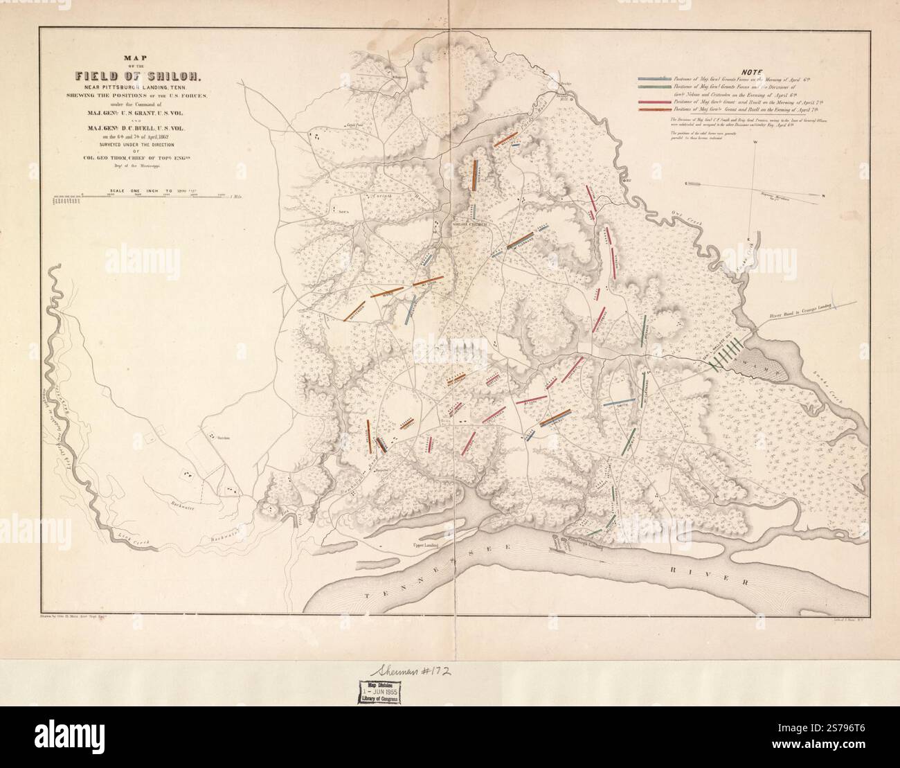 Carte du champ de Shiloh, près de Pittsburgh Landing, Tenn., montrant les positions des forces américaines sous le commandement du Major Genl. U. S. Grant, U.S. Vol. et Maj. Genl. D. C. Buell, U.S. Vol. les 6 et 7 avril 1862 1862 par Matz Otto H. Banque D'Images
