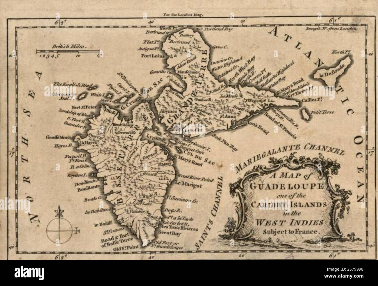 Une carte de la Guadeloupe, l'une des îles caribéens des Antilles soumises à la France. 1759 Banque D'Images
