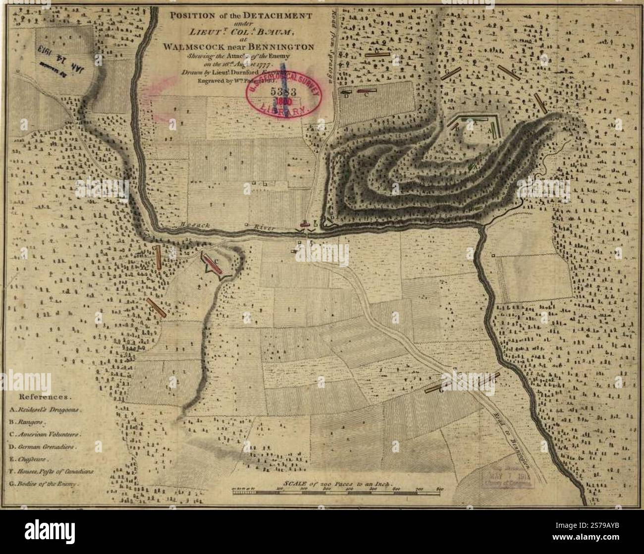 Position du détachement sous les ordres du lieutenant-colonel Baum, à Walmscock près de Bennington ; il lance les attaques de l'ennemi le 16 août 1777. 1780 par Durnford Desmaretz, Faden William Banque D'Images