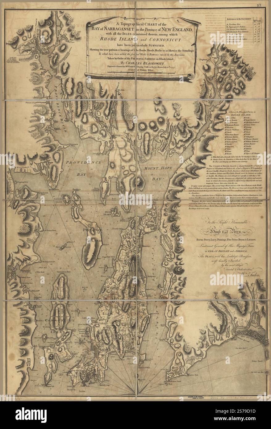 Une carte topographique de la baie de Narraganset dans la province de la Nouvelle-Angleterre, avec toutes les îles qui y sont contenues, parmi lesquelles Rhode Island et Connonicut ont été particulièrement étudiés, donnant la position réelle et les roulements des rives, hauts-fonds, rochers & c. Comme également les sondages : auxquels ont été ajoutés les plusieurs œuvres et batteries soulevées par les Américains. Prise par ordre des principaux agriculteurs du Rhode Island. 1777 par Blaskowitz Charles., Faden William Banque D'Images