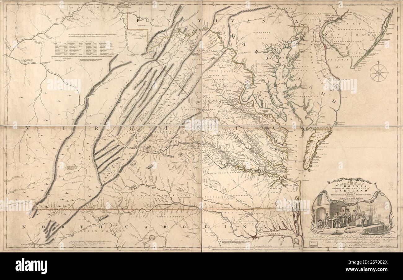 Une carte de la partie la plus habitée de Virginie contenant toute la province du Maryland : avec une partie de Pensilvania, New Jersey et Caroline du Nord 1755 par Fry Joshua, Jefferson Peter, Jefferys Thomas Banque D'Images